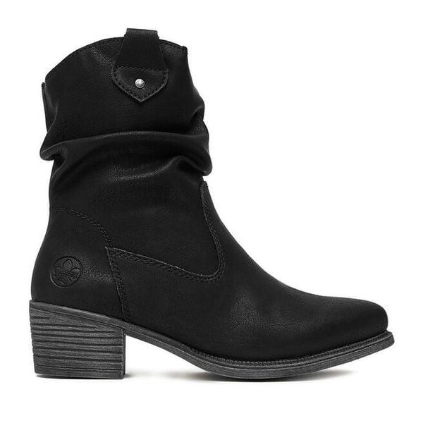 Kowbojki Rieker. Czarne botki damskie Rieker, bez wzorów, bez obcasa, na słupku, bez zapięcia. Za 359.99 zł.