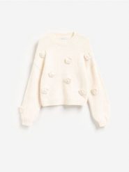 Sweter z kwiatową aplikacją - kremowy. Białe swetry nierozpinane damskie Reserved, l, z aplikacjami, z dzianiny, bez kołnierzyka, bez ramiączek. Za 149.99 zł.