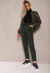 Zielone Proste Spodnie Dresowe z Satynową Tasiemką w Pasie Alnureta. Zielone spodnie dresowe damskie Renee, z aplikacjami, z dresówki, eleganckie. Za 29.99 zł.