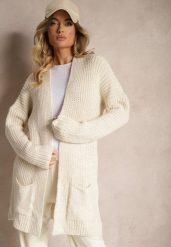 Jasnobeżowy Długi Kardigan Bez Zapięć z Obniżoną Linią Ramion i Kieszeniami Viatha. Brązowe kardigany damskie Renee, m, bez wzorów, z jeansu, eleganckie, bez kołnierzyka. Za 129.99 zł.