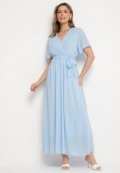 Niebieska Brokatowa Sukienka Koktajlowa Ozdobiona Paskiem Ziliane. Niebieskie sukienki damskie Born2be, na imprezę, s, z aplikacjami, eleganckie, bez kołnierzyka, bez ramiączek, maxi. Za 119.99 zł.