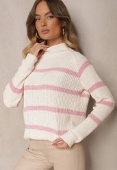 Beżowo-Różowy Sweter w Poziome Pasy z Domieszką Wiskozy Tintarina. Czerwone swetry nierozpinane damskie Renee, uniwersalny, bez wzorów, z jeansu, casualowe, bez kołnierzyka, bez ramiączek. Za 59.99 zł.