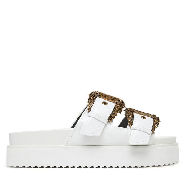 Klapki Versace Jeans Couture. Białe klapki damskie Versace Jeans Couture, bez wzorów, z jeansu, bez obcasa, bez zapięcia. Za 539.99 zł.