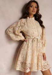 Jasnobeżowa Sukienka Melliopis. Brązowe sukienki damskie Renee, m, bez wzorów, z koronki, eleganckie, bez kołnierzyka, bez ramiączek, maxi. Za 159.99 zł.