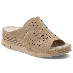 Klapki damskie Vinceza, cholewka ze skóry ekologicznej ażurowy wzór na koturnie, beżowe, 85214. Brązowe klapki damskie VINCEZA, na lato, w ażurowe wzory, z materiału, bez obcasa, na koturnie, bez zapięcia. Za 98.90 zł.