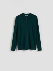 Wiskozowy sweter polo - ciemnozielony. Zielone swetry męskie Reserved, l, bez wzorów, z dzianiny, bez kołnierzyka, bez ramiączek. Za 99.99 zł.