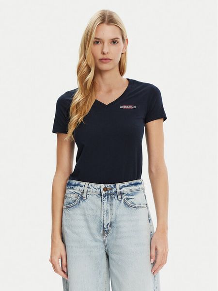 Guess Jeans T-Shirt W4YI23 J1314 Granatowy Slim Fit. Niebieskie t-shirty damskie Guess Jeans, s, z aplikacjami, z bawełny, bez kołnierzyka, bez ramiączek. Za 79.99 zł.