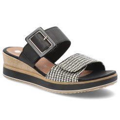 Czarne Klapki Remonte Stylowe Obuwie Damskie Na Koturnie. Czarne klapki damskie Remonte, na lato, bez wzorów, eleganckie, bez obcasa, na koturnie, bez zapięcia. Za 279.00 zł.