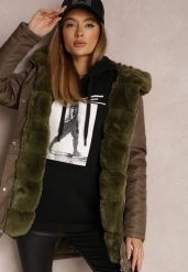 Ciemnozielona Kurtka Parka z Futrzanym Kapturem Phitto. Zielone kurtki damskie Renee, l, bez wzorów, z futra. Za 259.99 zł.