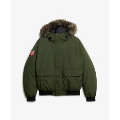 Kurtka bomber z syntetycznym futrem Superdry Everest. Zielone kurtki męskie Superdry, xl, z aplikacjami, z futra, klasyczne, bez kaptura. Za 763.00 zł.