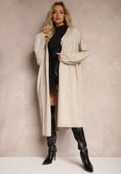 Beżowy Kardigan z Wiskozą o Długim Kroju Zapinany na Guziki z Metaliczną NIcią Arkaria. Brązowe kardigany damskie Renee, plus size, bez wzorów, z jeansu, biznesowe, bez kołnierzyka, plus size. Za 119.99 zł.