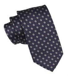 Krawat Męski - Alties - Groszki w Brązie i Beżu na Granatowym Tle. Krawaty i muchy Alties, bez wzorów, z tkaniny, eleganckie. Za 49.00 zł.