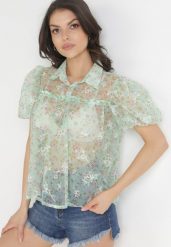 Jasnozielona Kwiecista Bluzka z Siateczki z Krótkim Rękawem Pakla. Zielone bluzki damskie Born2be, m, bez wzorów, bez kołnierzyka, bez ramiączek. Za 39.99 zł.