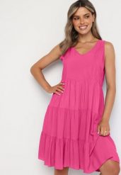 Fuksjowa Rozkloszowana Sukienka z Bawełny na Ramiączkach Zasea. Czerwone sukienki damskie Born2be, na co dzień, l, bez wzorów, z bawełny, eleganckie, bez kołnierzyka, bez ramiączek, midi, rozkloszowane. Za 39.99 zł.