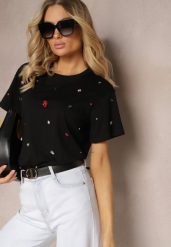 Czarny T-shirt z Cyrkoniami w Różnych Kolorach Varcia. Czarne t-shirty damskie Renee, m, bez wzorów, z jeansu, eleganckie, bez kołnierzyka, bez ramiączek. Za 44.99 zł.