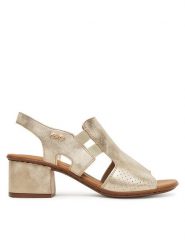 Rieker Sandały 64665-60 Złoty. Żółte sandały damskie Rieker, bez wzorów, z materiału, bez obcasa, na słupku, bez zapięcia. Za 319.99 zł.