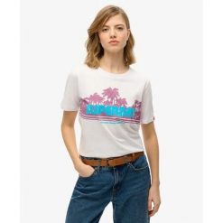 T-shirt casual w paski dla kobiet Superdry. Białe t-shirty damskie Superdry, bez wzorów, casualowe, bez kołnierzyka, bez ramiączek. Za 157.20 zł.