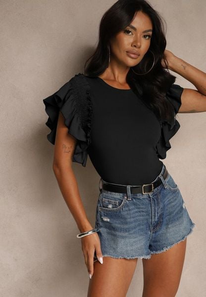 Czarna Bluzka Dislie. Czarne bluzki damskie Renee, m, bez wzorów, z bawełny, eleganckie, bez kołnierzyka, bez ramiączek. Za 99.99 zł.