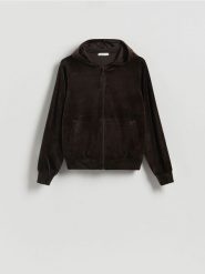 Welurowa bluza z kapturem - ciemnobrązowy. Brązowe bluzy damskie Reserved, l, bez wzorów, z dzianiny, bez ramiączek, z kapturem. Za 119.99 zł.