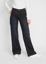 Jeansy wide leg, mid waist, z elastyczną wstawką w talii. Niebieskie jeansy damskie bonprix, bez wzorów, z bawełny. Za 139.99 zł.