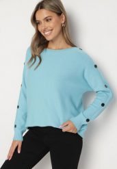 Jasnoniebieski Sweter z Dodatkiem Bawełny i Wiskozy z Guzikami na Rękawach Ciasine. Niebieskie swetry nierozpinane damskie Born2be, plus size, bez wzorów, z bawełny, bez kołnierzyka, plus size, bez ramiączek. Za 74.99 zł.
