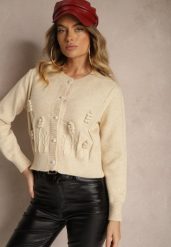Beżowy Wiskozowy Kardigan z Guzikami Perełkami Brokatem Tłoczeniem i Kuleczkami Harirani. Brązowe kardigany damskie Renee, bez wzorów, z jeansu, klasyczne, bez kołnierzyka. Za 159.99 zł.