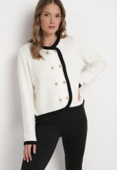 Biały Kardigan z Wiskozy z Ozdobnymi Guzikami i Lamówkami Arinol. Białe kardigany damskie Born2be, bez wzorów, z dzianiny, vintage, bez kołnierzyka. Za 69.99 zł.