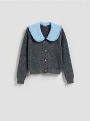 Kardigan z kołnierzykiem - szary. Szare kardigany damskie Reserved, l, bez wzorów, z dzianiny, bez kołnierzyka. Za 159.99 zł.