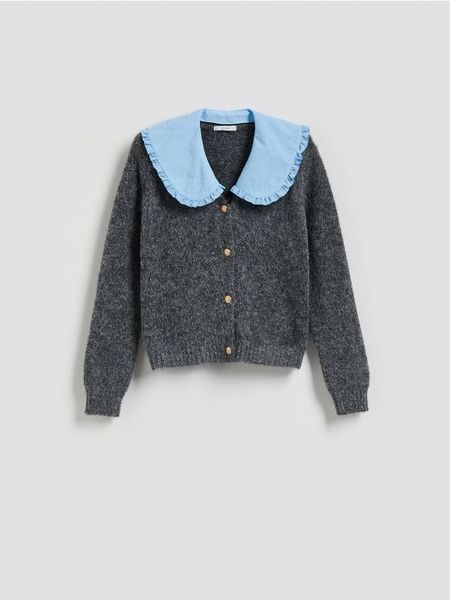 Kardigan z kołnierzykiem - szary. Szare kardigany damskie Reserved, l, bez wzorów, z dzianiny, bez kołnierzyka. Za 159.99 zł.