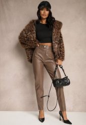Brązowe Spodnie o Kroju Slim High Waist z Imitacji Skóry Iritharia. Brązowe spodnie materiałowe damskie Renee, bez wzorów, z jeansu, eleganckie, z podwyższonym stanem. Za 79.99 zł.