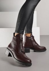 Bordowe Botki ze Skóry Naturalnej na Słupku Ozdobione Przeszyciami Deleisa. Czerwone botki damskie Renee, bez wzorów, z jeansu, eleganckie, bez obcasa, na obcasie, bez zapięcia. Za 219.99 zł.