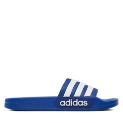 Klapki adidas. Niebieskie klapki damskie Adidas, bez wzorów, sportowe, bez obcasa, bez zapięcia. Za 109.99 zł.