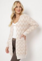 Beżowy Niezapinany Kardigan Przed Kolano w Paski Chevron Afesura. Brązowe kardigany damskie Born2be, bez wzorów, z dzianiny, bez kołnierzyka. Za 99.99 zł.