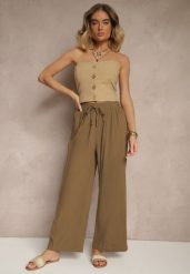 Jasnobrązowe Spodnie High Waist Szerokie z Bawełny Wiązane w Pasie z Gumką w Talii Yaslio. Brązowe spodnie materiałowe damskie Renee, bez wzorów, z bawełny, eleganckie, z podwyższonym stanem. Za 39.99 zł.
