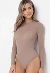 Beżowe Gładkie Body z Długimi Rękawami Teuma. Brązowe body Born2be, bez wzorów. Za 99.99 zł.