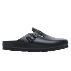 Klapki damskie Birkenstock Boston. Czarne klapki damskie Birkenstock, bez wzorów, ze skóry, bez obcasa, bez zapięcia. Za 697.00 zł.