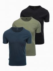 Zestaw męskich bawełnianych t-shirtów BASIC z okrągłym dekoltem – czarny/granatowy/khaki V3 - Rozmiar: L. Niebieskie t-shirty męskie Ombre Clothing, l, bez wzorów, z bawełny, bez kołnierzyka, bez ramiączek. W wyprzedaży za 112.49 zł.