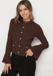 Brązowy Kardigan z Wiskozą Ozdobiony Rozszerzanymi Rękawami i Guzikami Tiolenda. Brązowe kardigany damskie Born2be, s, bez wzorów, z wiskozy, eleganckie, bez kołnierzyka. Za 109.99 zł.
