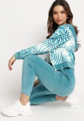 Miętowy Komplet Dresowy z Weluru Bluza z Kapturem z Ozdobnym Wzorem i Spodnie Grouvia. Zielone bluzy damskie Born2be, m, bez wzorów, z dresówki, bez ramiączek, z kapturem. Za 64.99 zł.