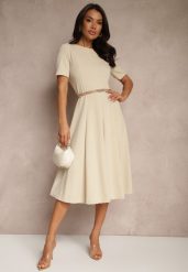 Beżowa Sukienka Rozkloszowana o Taliowanym Fasonie Telaswena. Brązowe sukienki damskie Renee, na co dzień, m, bez wzorów, eleganckie, bez kołnierzyka, bez ramiączek, midi, rozkloszowane. Za 79.99 zł.