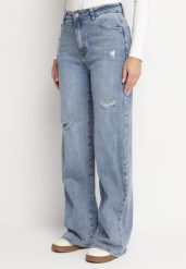 Niebieskie Jeansy o Szerokim Kroju z Wysokim Stanem i Przetarciami Napessa. Niebieskie jeansy damskie Born2be, z aplikacjami, z jeansu, eleganckie, z podwyższonym stanem. Za 139.99 zł.