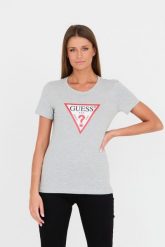 GUESS Szary t-shirt Original Tee. Szare t-shirty damskie Guess, s, z aplikacjami, z bawełny, bez kołnierzyka, bez ramiączek. W wyprzedaży za 89.99 zł.