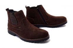 RIEKER TEX F3660-25 brown, botki męskie. Brązowe botki męskie Rieker, na zimę, bez wzorów, z wełny, bez obcasa, bez zapięcia. Za 439.90 zł.