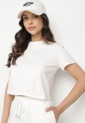 Biały T-shirt z Bawełny o Krótkim Kroju Galarina. Białe t-shirty damskie Born2be, l, bez wzorów, z bawełny, casualowe, bez kołnierzyka, bez ramiączek. Za 69.99 zł.