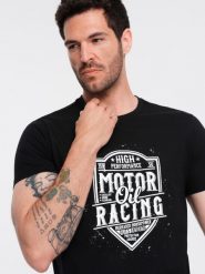T-shirt męski z nadrukiem w stylu motocyklowym – czarny V1 OM-TSPT-0125 - L. Czarne t-shirty męskie Ombre Clothing, l, bez wzorów, z bawełny, bez kołnierzyka, bez ramiączek. W wyprzedaży za 29.99 zł.