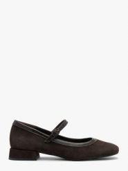 Ciemnobrązowe czółenka z paskiem. Brązowe czółenka damskie Ryłko, bez wzorów, ze skóry, eleganckie, bez obcasa, na słupku, bez zapięcia. Za 399.99 zł.
