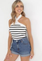 Biały Top w Paski z Dekoltem Halter na Szyję Bredgit. Białe topy damskie Born2be, s, bez wzorów, z dzianiny, bez kołnierzyka, bez ramiączek. Za 64.99 zł.