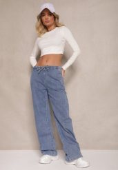 Niebieskie Jeansy High Waist z Szeroką Nogawką i Gumką w Talii Norvila. Niebieskie jeansy damskie Renee, z aplikacjami, z gumy, eleganckie, z podwyższonym stanem. Za 119.99 zł.