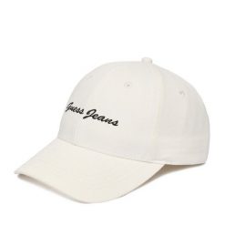 Czapka z daszkiem Guess Jeans. Białe czapki damskie Guess Jeans, z aplikacjami, z jeansu. Za 79.99 zł.