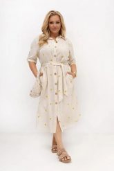 Beżowa sukienka koszulowa w cytrynki Lemone z paskiem – bawełna i len OVERSIZE PLUS SIZE LATO. Brązowe sukienki damskie Moda Size Plus Iwanek, do pracy, na lato, plus size, bez wzorów, z bawełny, biznesowe, bez kołnierzyka, plus size, bez ramiączek, midi, dopasowane. Za 349.90 zł.